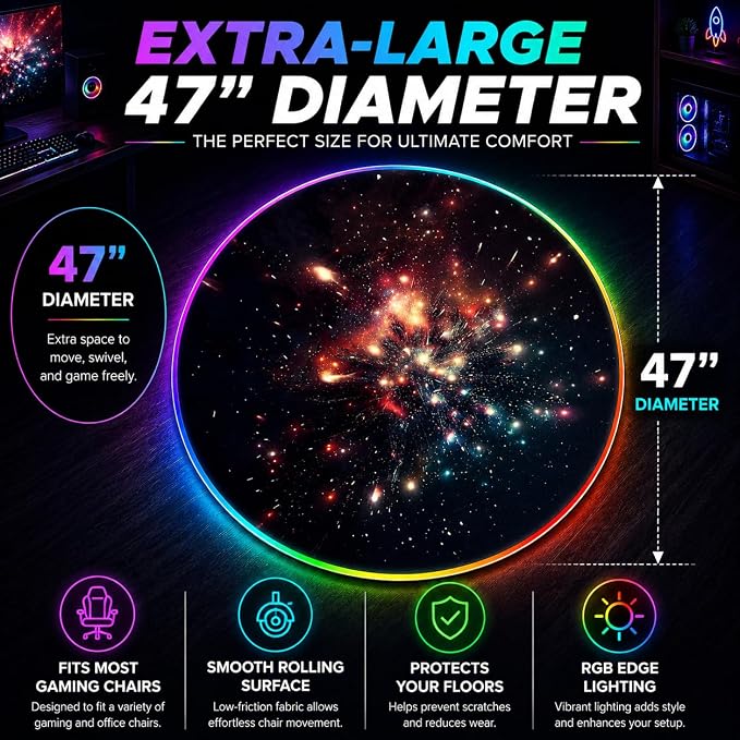 Gaming Chair Mat for Hardwood Floor Circle RGB Gaming Lights (Firework 47”) - Noise Cancelling, Anti-Slip Gamer Floor Mat – Scratch Resistant Computer Gaming Mat for Chair – Office Chair Mat - Image 7