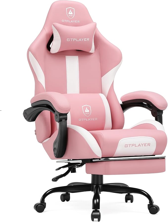 GTPLAYER Gaming Chair with Pocket Spring Cushion, Leather Office Chair with Ergonomic High Back & Lumbar Support for Back Pain Relief, Computer Game Chair for Adults, Pink by GTPLAYER