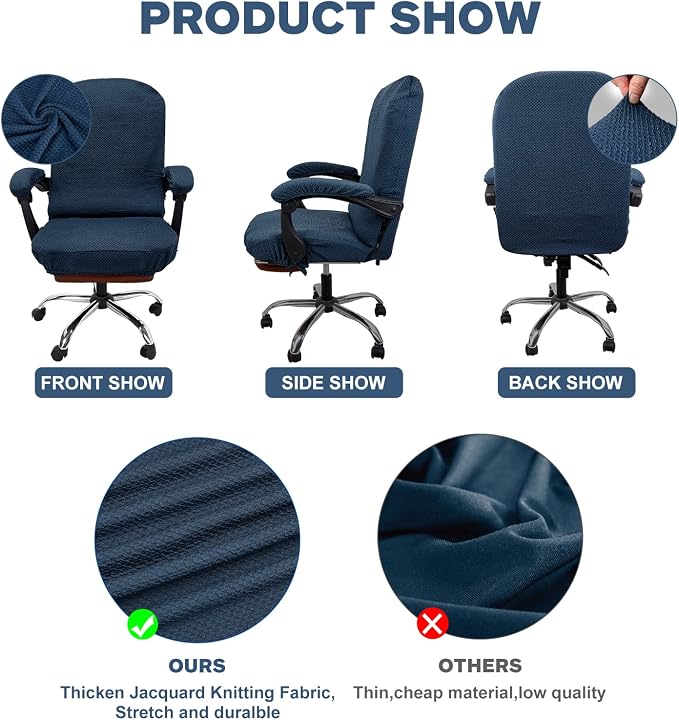 NeColorLife Office Chair Cover with Armrest Covers,Large,Navy Blue | Stretch Thick Jacquard Fabric Fits Most High-Back Executive and Desk Chairs; Machine Washable,Includes 2 Armrest Covers - Image 4