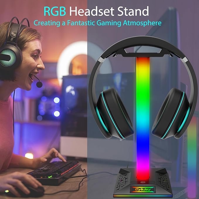 Gaming Headphone Stand PC Accessories - RGB Headset Stand with 2 USB and 1 Type-C Ports, LED Headphone Stand Gift for Boys Men, Computer Game Accessories for Desk - Image 6