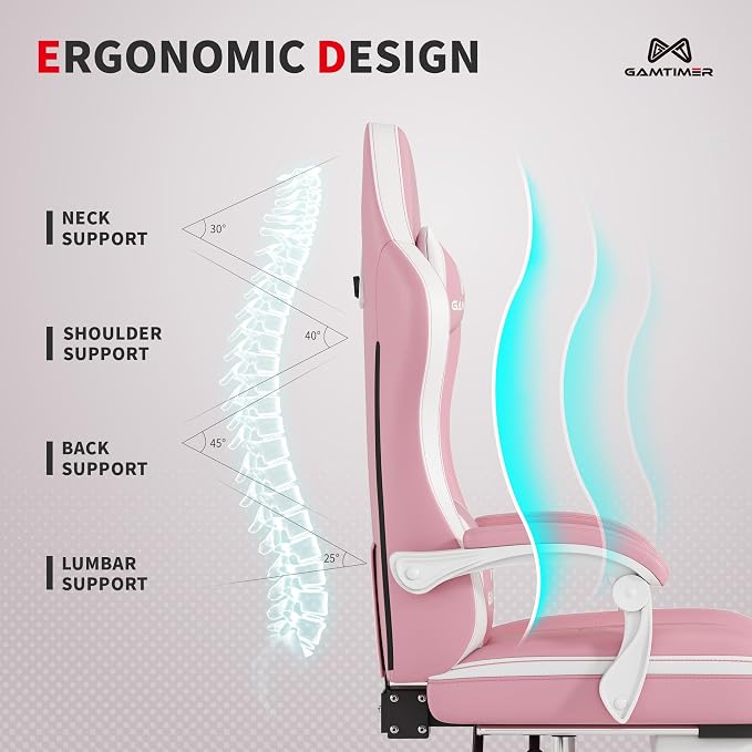 Gamtimer Gaming Chair with Footrest, Ergonomic Computer Chair, PU Breathable Material with Headrest and Lumbar Support, Suitable for Silla Gamer and Adults(Pink) - Image 7