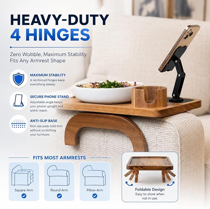 Couch Armrest Table with Cup Holder (15.31" x 9.65") - Acacia Sofa Arm Tray Organizer with Magnetic & 360° Rotating Phone Holder - Fits Couch Arm for Drinks, Snacks & Remote Control - Image 4