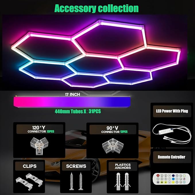 31Pack RGB Hexagon led Garage Lights,7 Hexagon Light with Multi Color,Dimmable&Speed Adjustable RGB Hex Wall Lights,DIY Design for Remote Control & Smart App Control Music Modes - Image 8