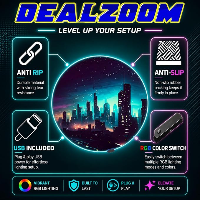 Gaming Chair Mat for Hardwood Floor Circle RGB Gaming Lights (Skyline 47”) - Noise Cancelling, Anti-Slip Gamer Floor Mat – Scratch Resistant Computer Gaming Mat for Chair – Office Chair Mat - Image 5