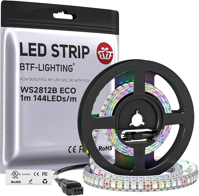 BTF-LIGHTING WS2812B ECO RGB LED Strip,UL Listed,Individually Addressable,3.28FT 144LED/m 144Pixel DC5V 5050SMD,Alloy Wire Flexible 3M Tape for DIY Chasing Color Project IP65(No Adapter or Controller) by BTF-LIGHTING