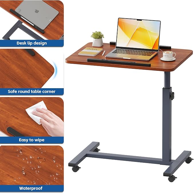 Laptop Table Mobile Adjustable Height Portable Desk Notebook Swivel PC Computer Rolling Desk with Wheels, Laptop Stand for Couch Bedside Hospital Bed Table(Red Walnut) - Image 5