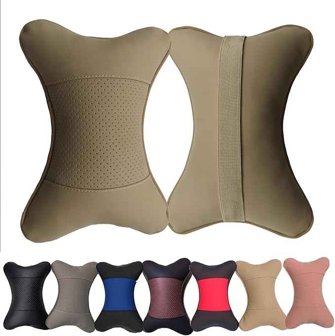 Car Neck Pillows Both Side Pu Leather 2pieces Pack Headrest Fit for Most Cars Filled Fiber Universal Car Pillow (Beige) by Professinalcaraccessories