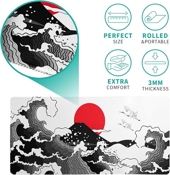 Japanese Red and Black Wave Gaming Mouse Pad Extended Large Mouse Mat Desk Pad Sea Texture Non-Slip Rubber Base Wave Mousepad Stitched Edges Keyboard Desk Pad for Office Home Game 27.6x11.8 Inch - Image 5