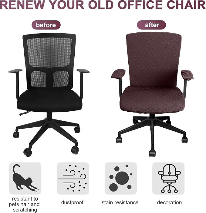 Tallew 4 Pcs Office Chair Covers Set Computer Universal Protective Stretchable Chair Seat Covers Desk Armrest Slipcovers Pads Office Cushion Backrest for Rotating(Coffee Color) - Image 4