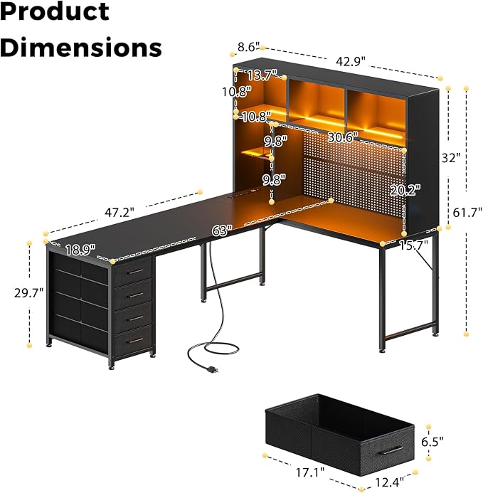 AODK 63" L Shaped Desk for Gaming and Working，Black | PC Desk with Hutch, Pegboard & Shelves, 4 Drawers, Integrated LED Light Strip & Power Outlets, Reversible - Image 3