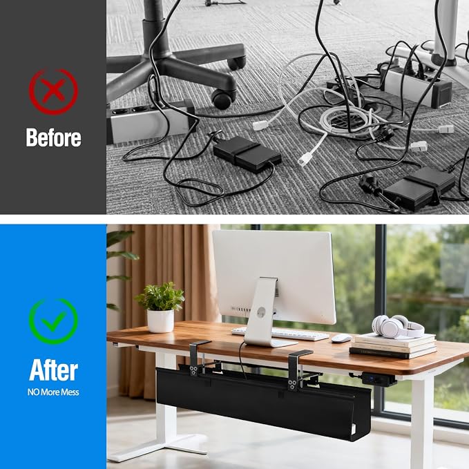 Under Desk Cable Management Tray - Heavy Duty No-Drill Clamp & Screw Mount, 28-Inch Cord Organizer for Home Office, Gaming Setup & Study Room, Holds Power Strip & Large Adapters (Black, 28"L x 5.5"W) - Image 7
