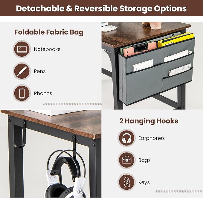 COSTWAY 48” Mobile Computer Desk, Home Office Desk on Wheels, with Reversible Storage Bag & 2 Earphone Hooks, 4 Lockable Wheels, Metal Frame, for Small Space (Black + Rustic Brown) - Image 4