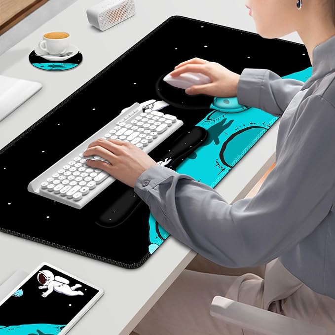 Gaming Mouse Pad, Large Desk Mat, Cute Desk Pad Protector, 4in1 XXL Mousepad + Keyboard Wrist Rest+Mouse Wrist Rest+Coaster Set with Ergonomic Desk Pad for Home Office PC Computer, Cool Space Alien - Image 9