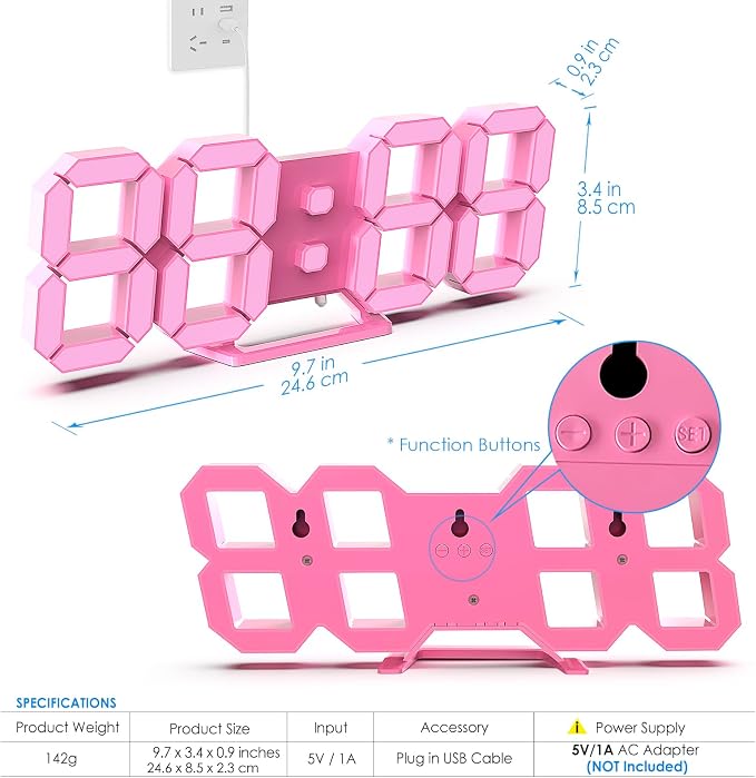 KOSUMOSU Pink LED Clock 3D Wall Clock 9.7" Table Clock for Living Room Modern Digital Clock for Bedroom Aesthetic Bedside Desk Clock with Remote/Dimming/12/24H/Temp/Alarm Clock/Date - Image 4