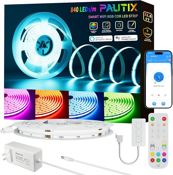 PAUTIX RGB COB LED Strip Light 32.8ft/10m,UL Listed 840LEDs/m 24V Multicolor Flexible Tape Light,Work with Alexa/Google Assistant Color Changing LED Strip Light,for TV,Bedroom,Party DIY Decoration by PAUTIX