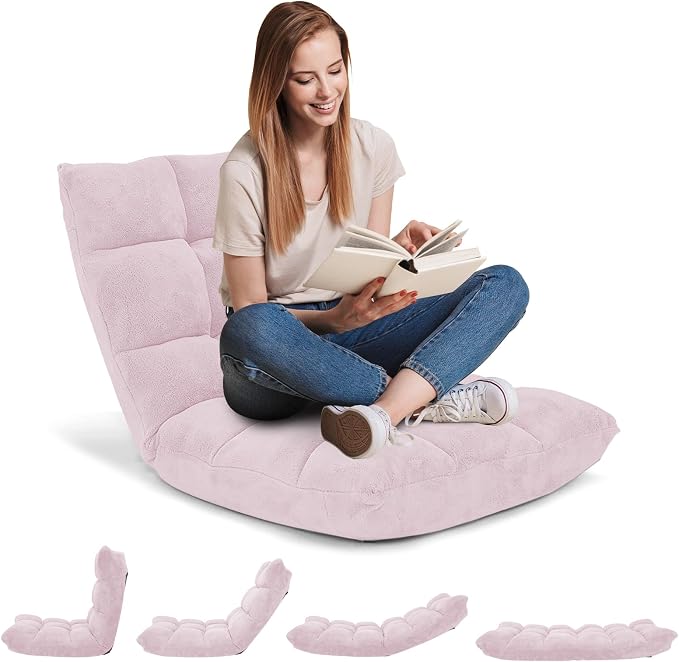 GIANTEX Floor Chairs for Adults, Floor Gaming Chair (Light Pink) | Coral Velvet, 14 Adjustable Position, Thick Sponge Padding, Floor Seating Lounge for Reading, Watching TV, Meditation by Giantex