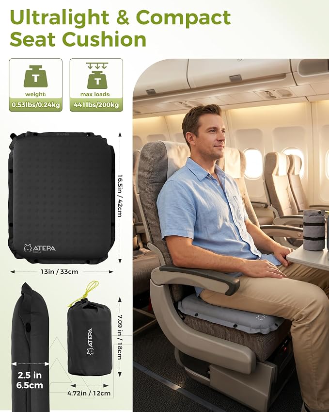 ATEPA Inflatable Seat Cushion | 2" & 2.5" Foam Core Seat Pad, Compact, Stadium, Airplane, Travel, Camping, Hiking, Sports Events, Self Inflating - Image 2