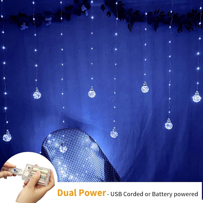 YOLIGHT Wishing Ball Curtain Lights 200 LED Window Curtain String Lights with Remote, USB Battery Powered Twinkle Globe Fairy Lights for Wedding Party Bedroom Christmas Halloween Decoration (Blue) - Image 5