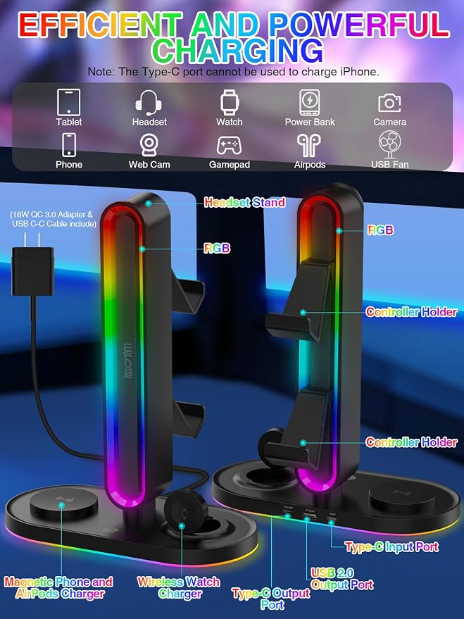 RGB Headset Stand with Wireless Charger, 8-in-1 Charging Station for iPhone, Samsung, Apple Watch Type-C/USB Ports, Gaming Headphone & Controllers Holder, Organizer for Desk Includes 20W PD Adapter - Image 6
