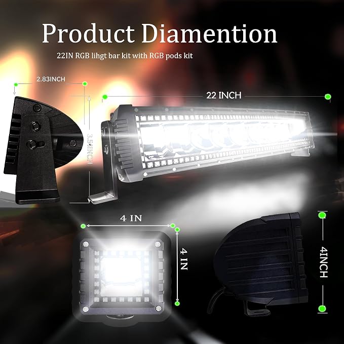 22" Curved RGB LED Light Bar 2X 4 Flood LED Pods Offroad Driving - Image 2