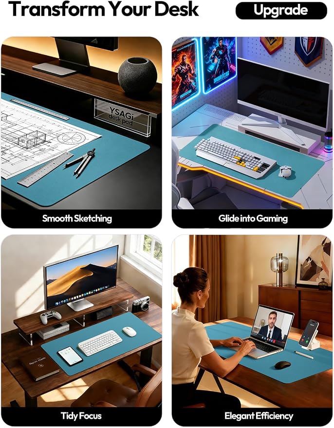 YSAGi Leather Desk Pad Protector, Office Desk Mat, Large Mouse Pad, Non-Slip PU Leather Desk Blotter, Laptop Desk Pad, Waterproof Desk Writing Pad for Office and Home (Turquoise,47.2" x 23.6") - Image 2
