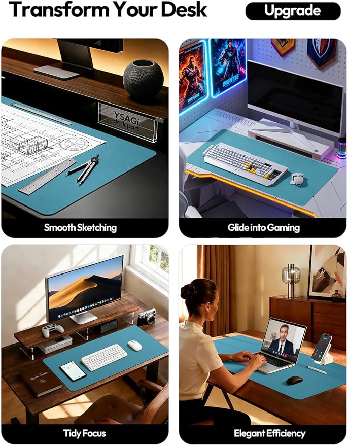 YSAGi Leather Desk Pad Protector, Office Desk Mat, Large Mouse Pad, Non-Slip PU Leather Desk Blotter, Laptop Desk Pad, Waterproof Desk Writing Pad for Office and Home (Turquoise, 31.5" x 15.8") - Image 2