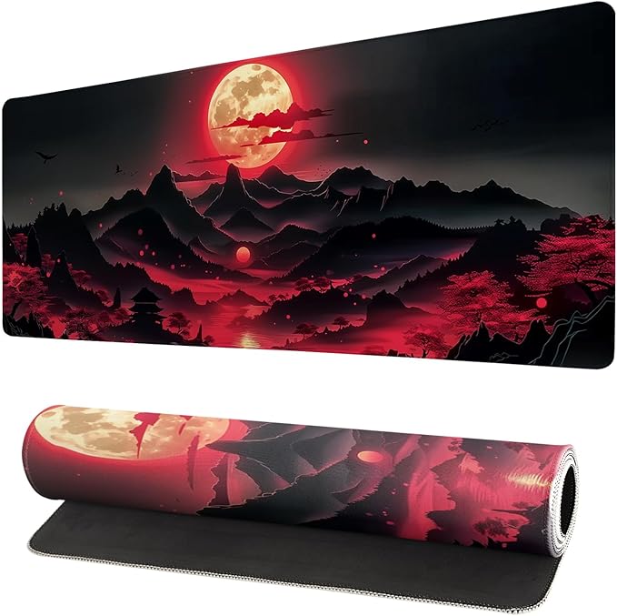 Extended Gaming Mouse Pad, Large Desk Mat XL Anime Mouse Pad Waterproof with Stitched Edges, Non-Slip Desktop Pad for Home and Office, Level Up Your 31.5x11.8 Inch (Darkness Red Moon3) by Brecoy