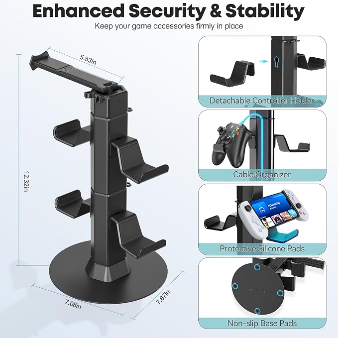 Gaming Controller & Headset Holder Stand for Desk, with Charger Cable Organizer Headphone Stand for PS5/ Xbox/ PS4/ Switch, Metal Base Controller Hook for Storage with 360° Rotatable Hanger- 2 Tiers - Image 3