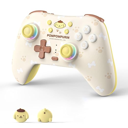 Kuitmor Pompompurin Switch Pro Controller, Cute Hall Effect Wireless Gamepad No Drift for Switch 2/Switch/OLED/Lite, PC/Steam, Android, iOS, Bluetooth + Wired, Turbo, Back Buttons, 6-Aixs Gyro, Wake-up, RGB (Yellow, Without 2.4g Receiver) by Kuitmor