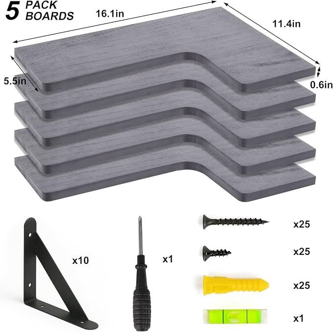Fixwal Corner Floating Shelves Set of 5, Rustic Wood Wall Mounted Corner Shelf for Bathroom, Kitchen, Bedroom, Home Decor, Laundry Room, Living Room(Gray) - Image 4