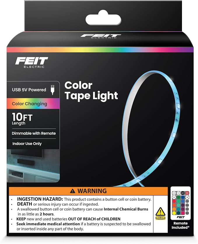 Feit Electric 10ft Color LED Tape Light, Dimmable, RGB Color with Remote Control, Cut-to-Fit Design, 5V USB-Powered Display Lighting, Indoor Use Only, 25,000-Hour Lifetime, TAPE120/RGB/USB by FeitElectricCompany