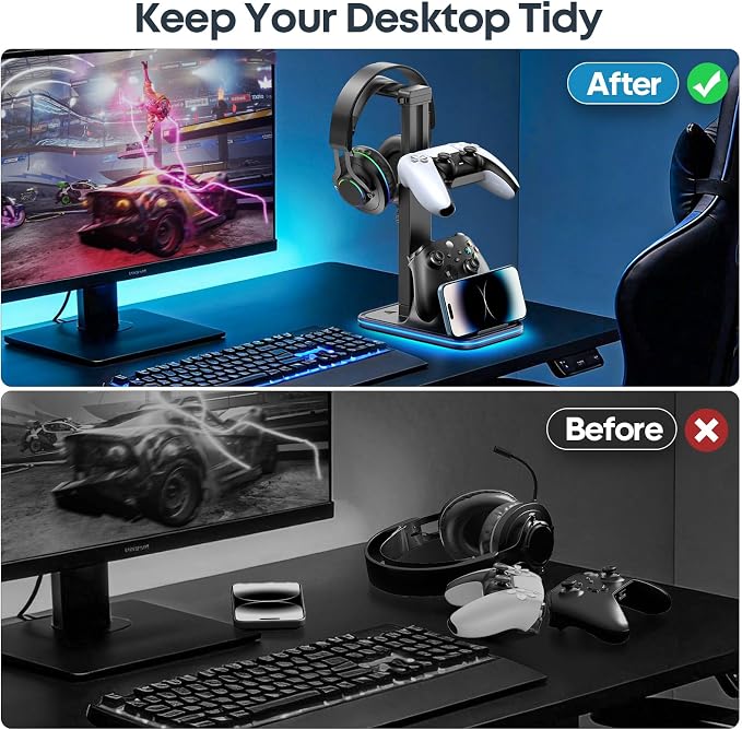 Gaming Headset & Controller Stand, Rotating Headphone Storage with 2 Controllers and Phone Holder, 9‑Color RGB Game Desk Storage for PS5/PS4/XBOX, PC Gamer Essentials Organizer Gift Accessories - Image 6