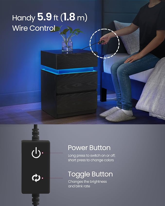 VASAGLE LED Nightstand with Charging Station, 3 Drawers - Image 6