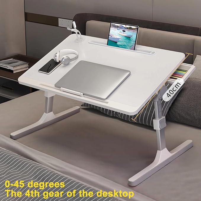 Laptop Bed Tray Table, Adjustable Laptop Compute Bed Desk Stand, Portable Laptop Desk with Foldable Legs, Foldable Laptop Tablet Table for Sofa Couch White - Image 2