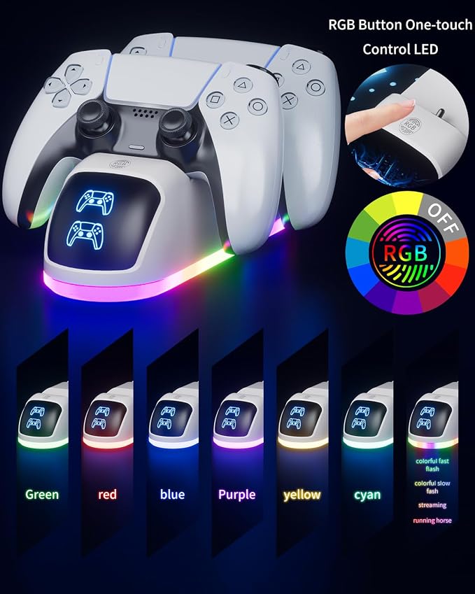 PS5 Controller Charger Station，Upgrade Version with 10 LED Mode & RGB Button, Safe Fast Charging and Overcharge Protection Dock for Dualsense PlayStation 5 Controllers - Image 4