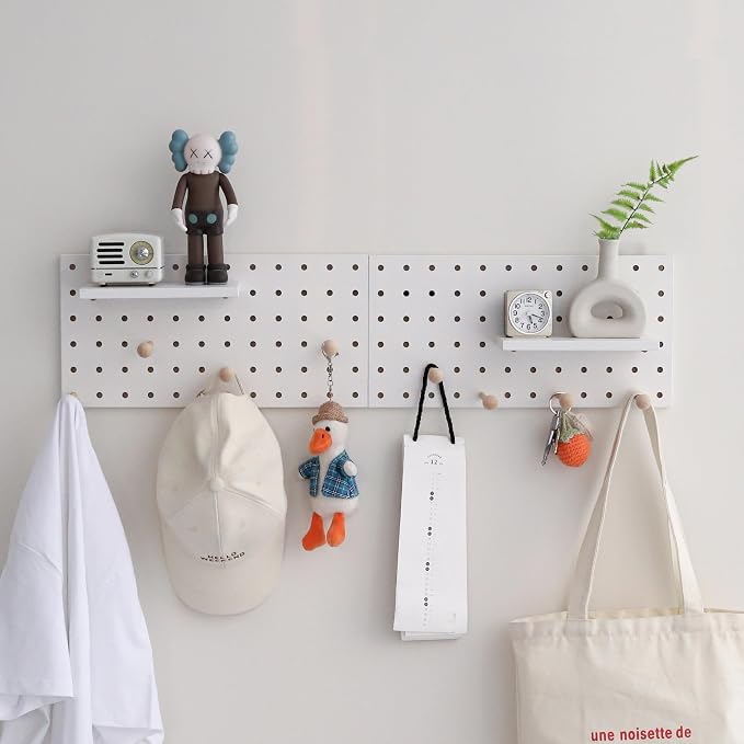 Wooden Pegboard Accessories Set: Modular Wall Hooks & Shelf for Garage, Office & Home Organization(White Colored Finish-B) - Image 3