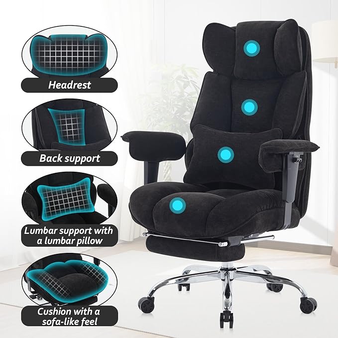 Efomao Executive Office Chair 400lbs, Black Fabric Big and Tall Desk Chair | Breathable fabric, pocket spring & foam seat, retractable footrest, 135° recline for computer gaming setup - Image 7