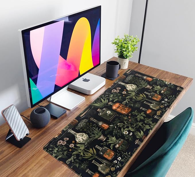 Black Aesthetics Desk Mat Mouse Pad Large Gaming Mouse Pad Desk Pad Mousepad, Mystical Green Plant Computer Laptop Keyboard and Mouse Mat, Desktop Protector Mat for Women Girl Office 31.5x15.8 in - Image 6