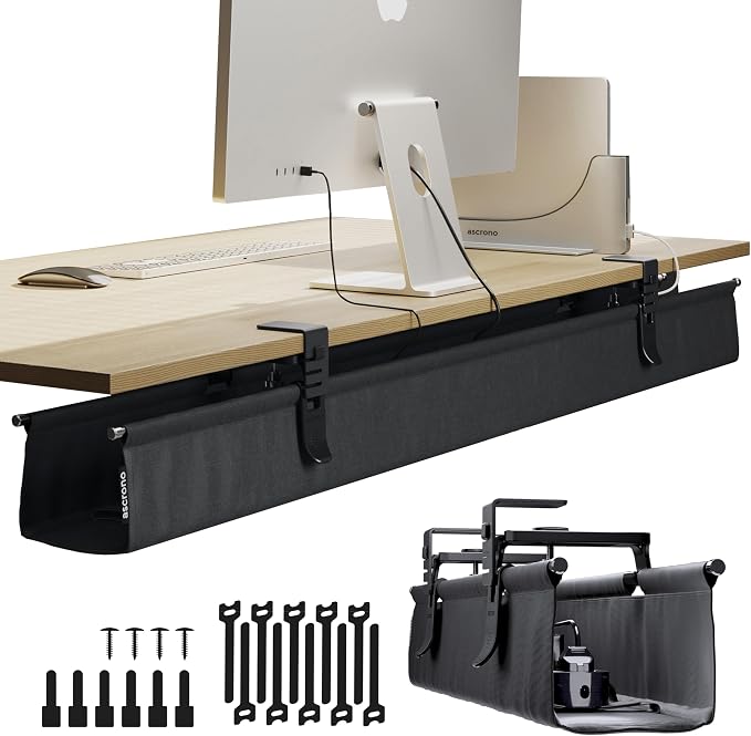 Ascrono Original No Drill Under Desk Cable Management Tray 53.9" - Premium Black Fabric Cable Management Under Desk - Clamp/Screw Mount Cord Organizer - Supports Upto 66lbs - Extra Large by Ascrono