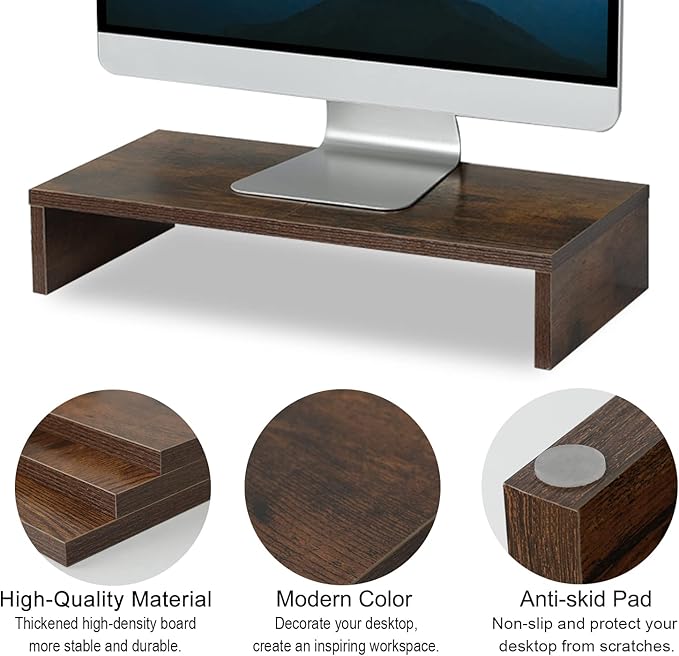 TEAMIX 20 inch Wood Monitor Stand Riser, Desktop Riser Shelf, Rustic Brown | Fits Laptop, Printer, TV, PC Tower, Full Keyboard Storage Underneath, Ergonomic, Desk Organizer for Home Office, Gaming Setup - Image 4