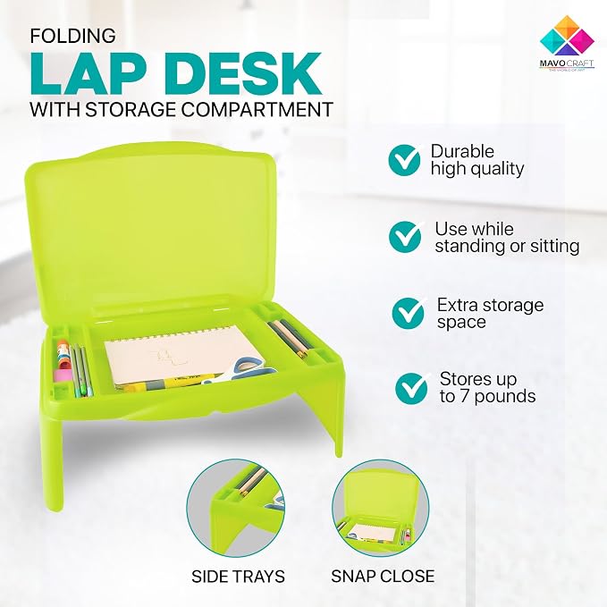 MAVOCRAFT Foldable Kids Lap Tray with Storage - Portable Lap Desk Kids & Adults - Kids Lap Desk for Breakfast in Bed, Serving Tray, Car Desk & Gaming (Green) - Image 3