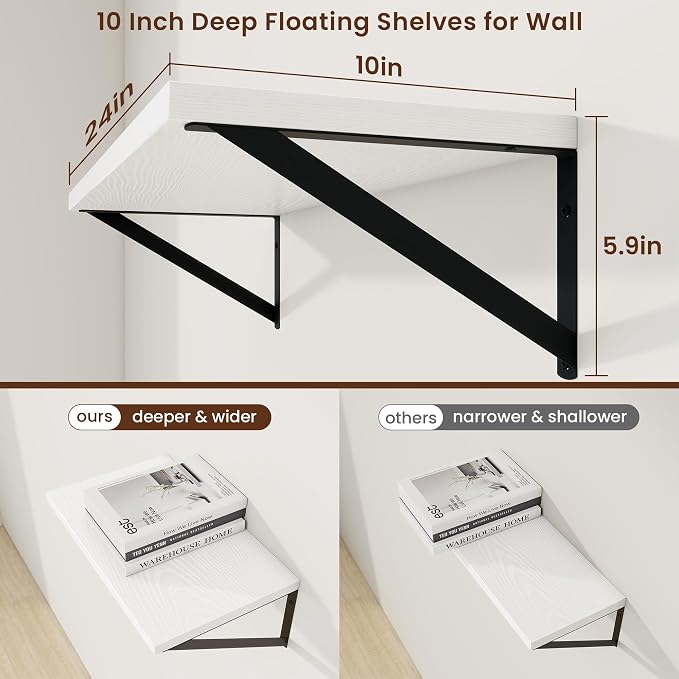 Axeman Deep Floating Shelves, 24'' x 10'' White Wall Shelves Set of 2 - Image 3