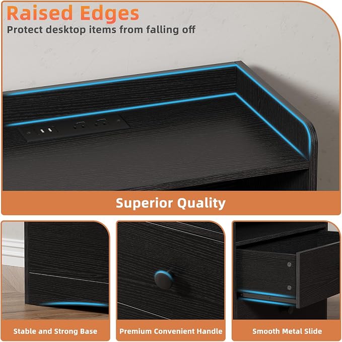 Memobarco Nightstand with Charging Station and LED Light, Black - Image 7