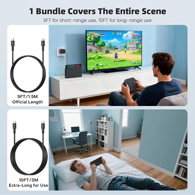(2 Pack) Switch 2 Charger with 5FT/10FT USB-C Cables, 60W PD3.0 Fast Charger for Nintendo Switch 2/1/OLED/Lite/Steam Deck, 4K TV Dock Ready AC Adapter, Works with USB-C Devices – Compact & Durable - Image 3