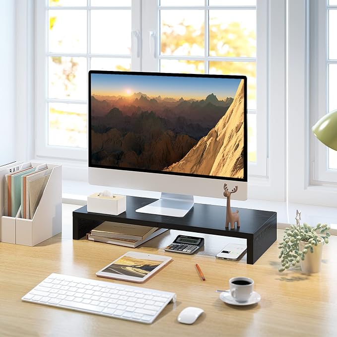 TEAMIX 20 Inch Monitor Stand Riser for Desk, Wood Computer Stand, Black | Fits Laptop, Printer, TV, PC Tower, Full Keyboard Storage Underneath, Ergonomic, Desk Organizer for Home Office, Gaming Setup - Image 8