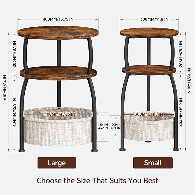 Round Side Table with Storage Basket for Living Room Rustic Brown - Image 3