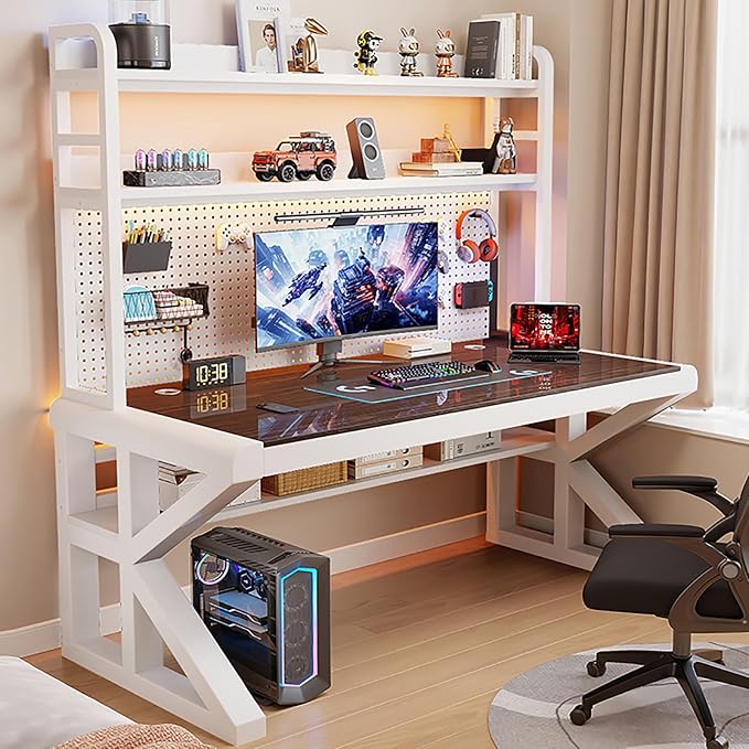 Gaming Desk with Pegboard and Storage Shelves,Tempered Glass Computer Desk Workspace,Modern Writing Study Table Gaming Table with Metal Frame for Home Office(100x60x165cm(39x24x65inch), G) by Unknown