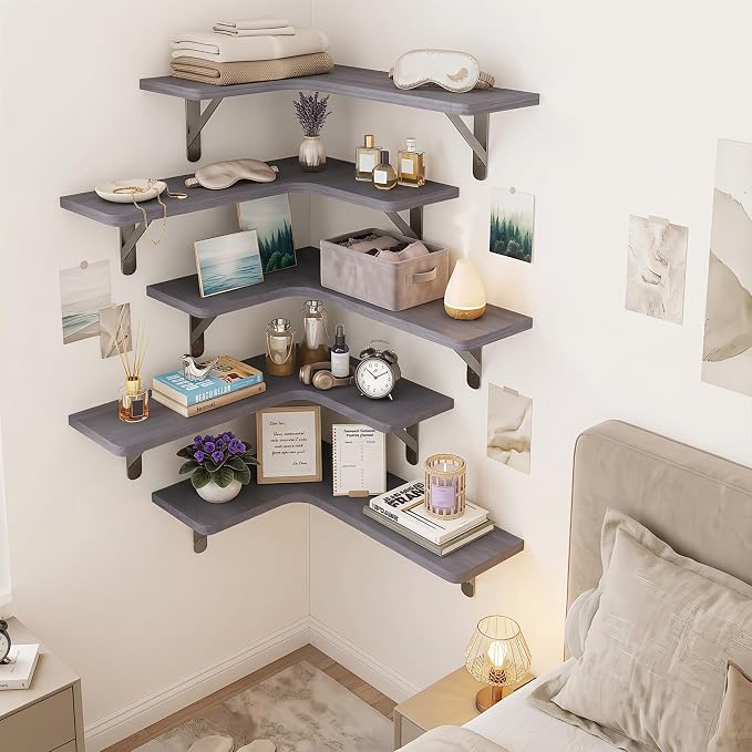 Fixwal Corner Floating Shelves Set of 5, Rustic Wood Wall Mounted Corner Shelf for Bathroom, Kitchen, Bedroom, Home Decor, Laundry Room, Living Room(Gray) - Image 7