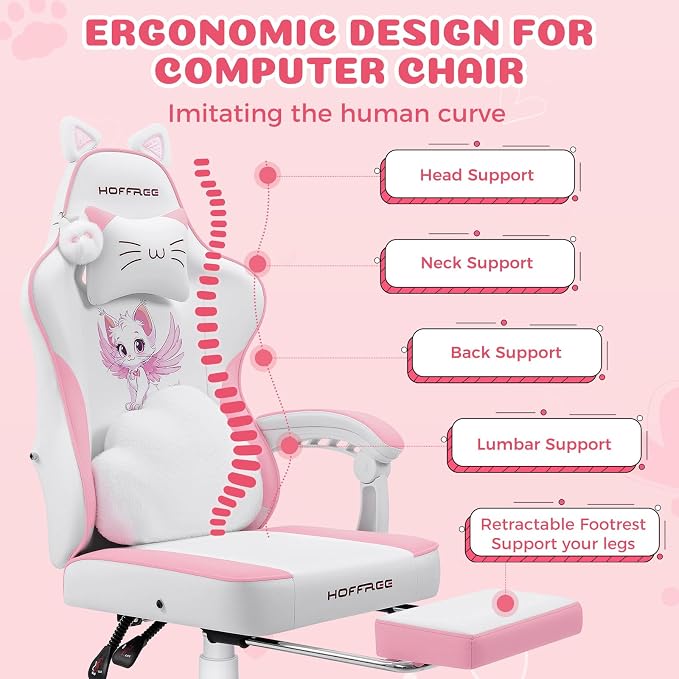Pink Gaming Chair for Girls Cute Massage Computer Chair with Cat Ears | Cute Computer Office Chair Ergonomic Reclining Gamer Chair with Footrest Lumbar Support PC Game Chairs for Women Adults - Image 9