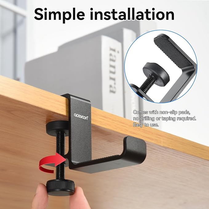 aceyoon Under Desk Headphone Hanger, Aluminum Headphone Stand,Headset Holder Space-Saving for Bag/Backpack/GamingHeadphone, Black - Image 2